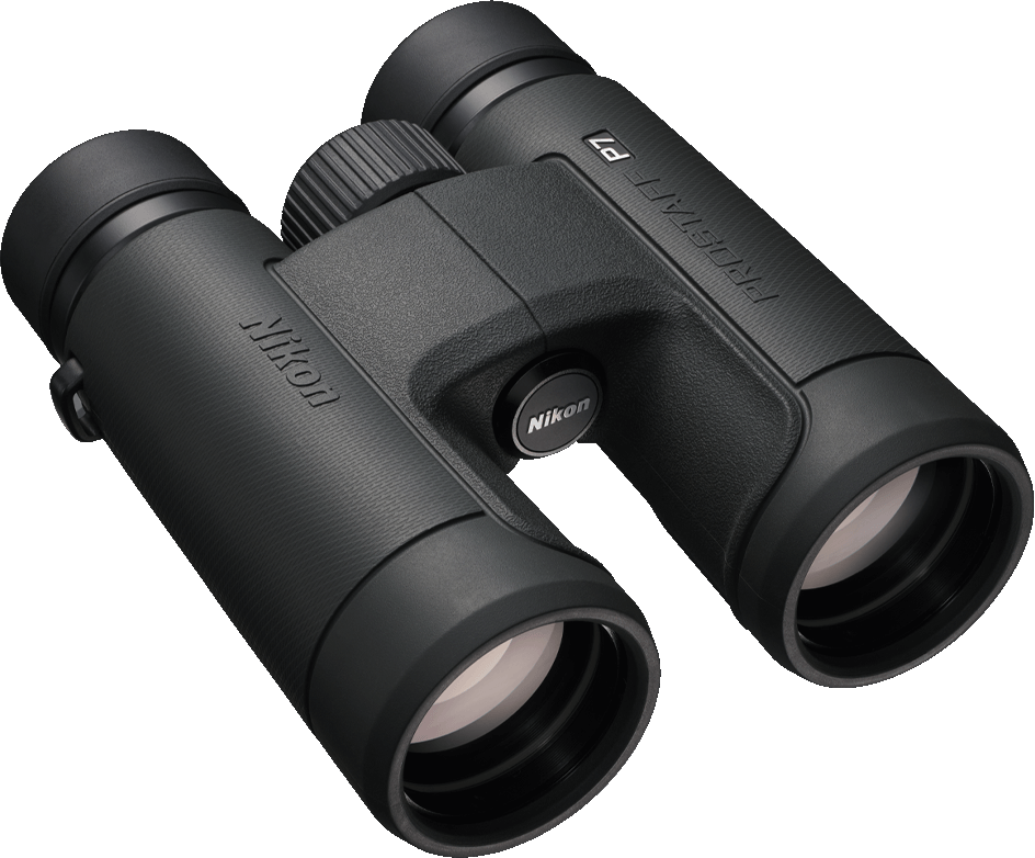 Jumelles Nikon Prostaff P7 noires, gros plan, vue en angle.