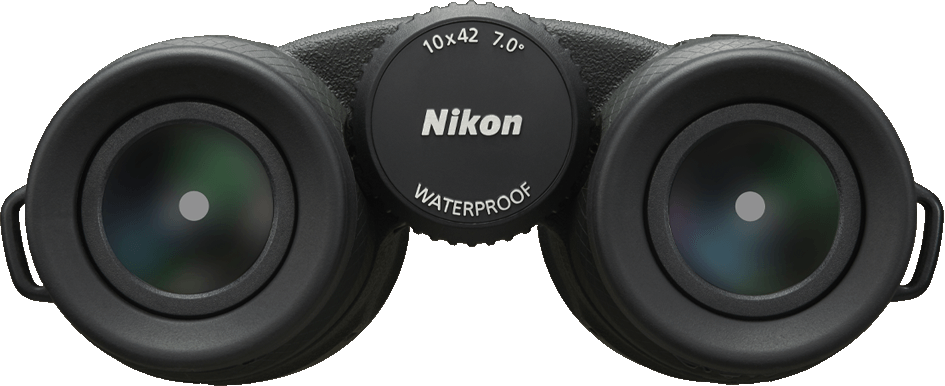 Jumelles noires. Le logo Nikon est visible. Le texte 'WATERPROOF' est également visible.
