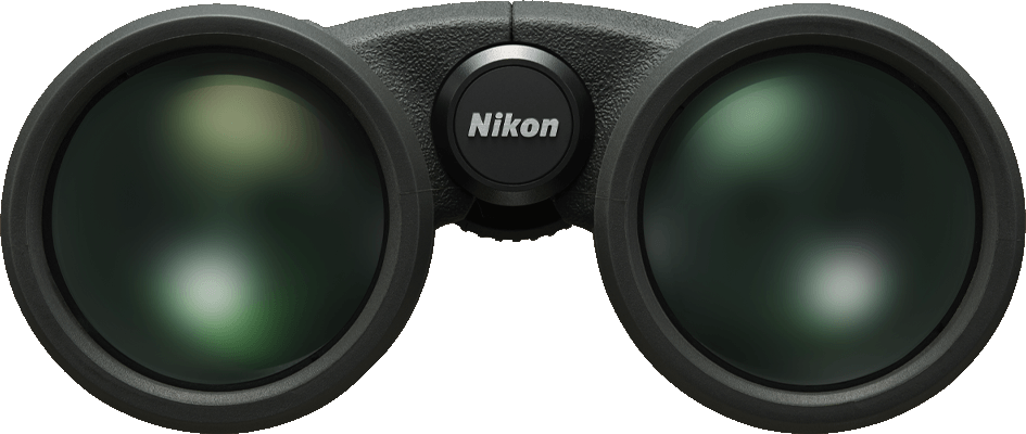 Gros plan sur des jumelles. Le logo Nikon est au milieu. Les lentilles sont vertes.