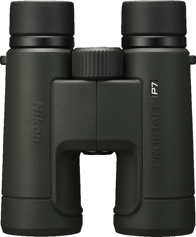 Gros plan sur des jumelles Nikon Prostaff P7 noires.