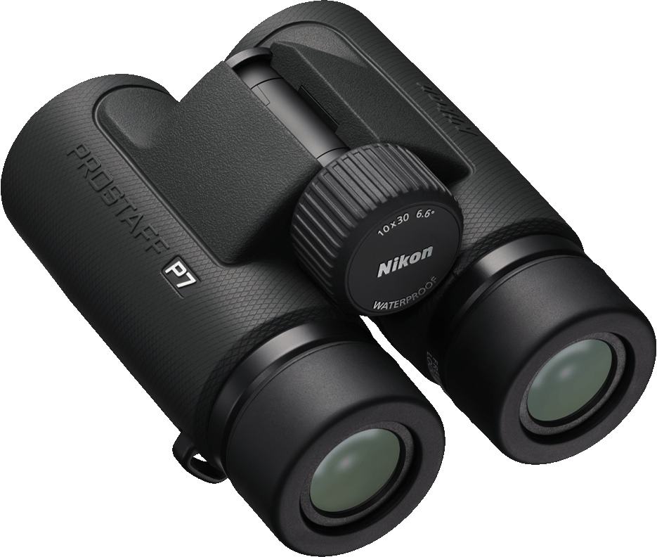 Jumelles Nikon noires avec molette de mise au point. Texte : 'PROSTAFF P7', '10x30 6.6°', 'WATERPROOF'.