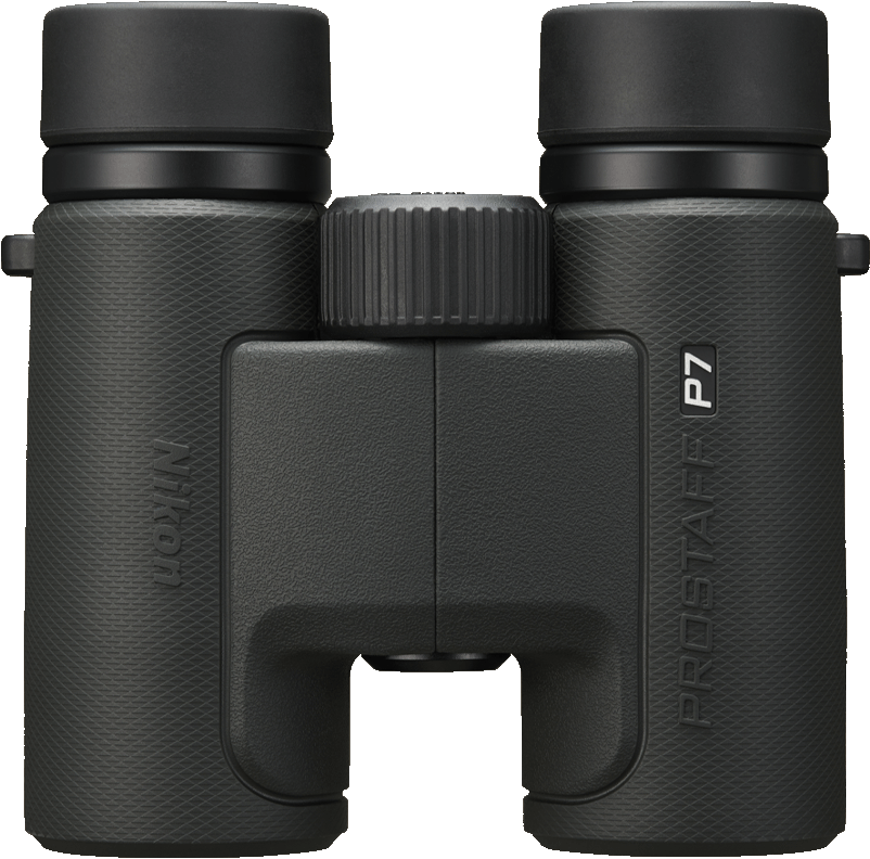Jumelles noires Nikon Prostaff P7. Texte Nikon et Prostaff P7 visible sur l'appareil.