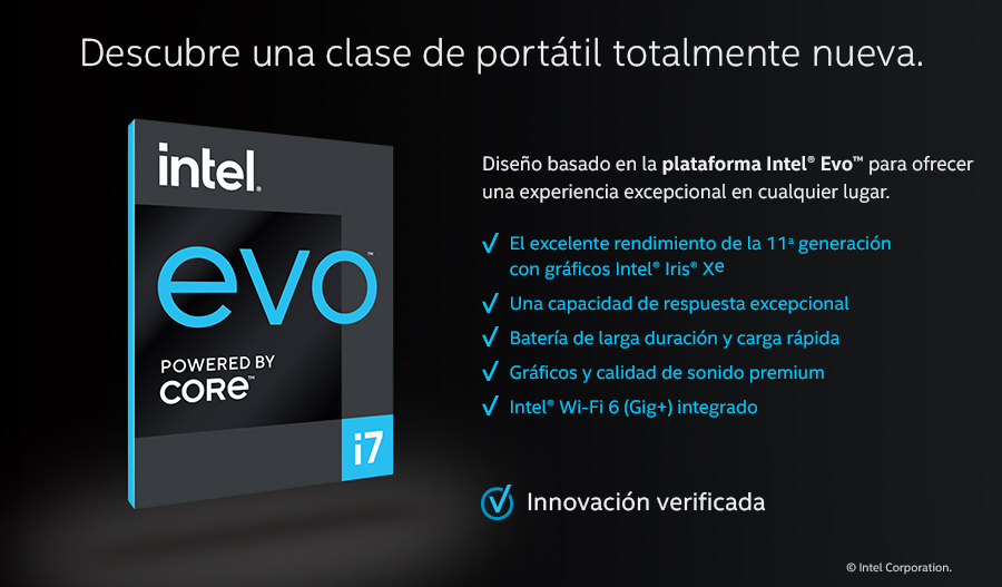 Anuncio de portátil Intel Evo. Incluye gráficos Iris Xe, batería de larga duración y Wi-Fi 6.