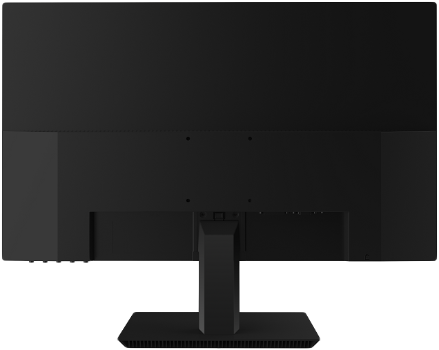 Egy fekete számítógép monitor hátulról, portokkal és egy állvánnyal.