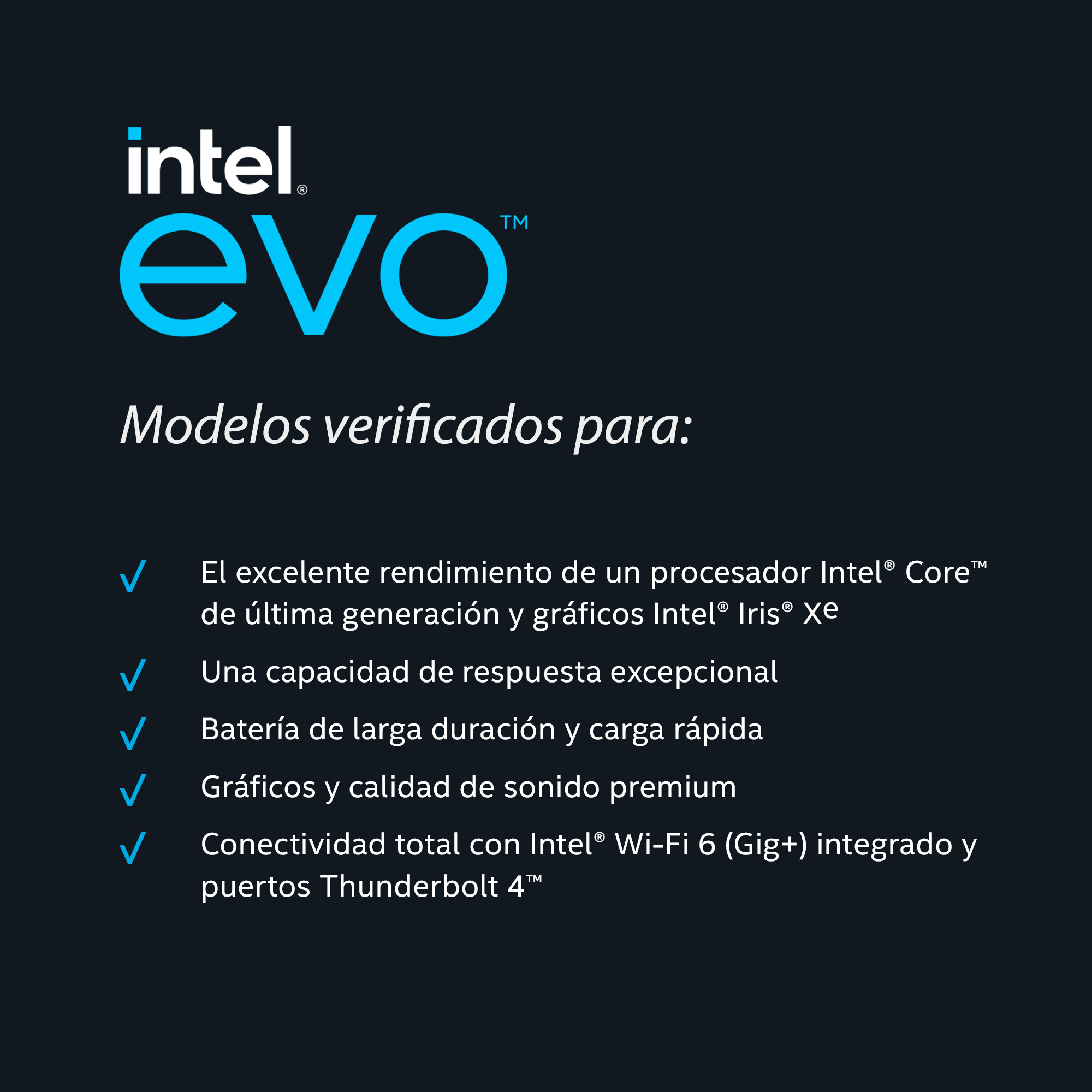 Una lista de especificaciones del modelo Intel Evo en español, sobre fondo oscuro.