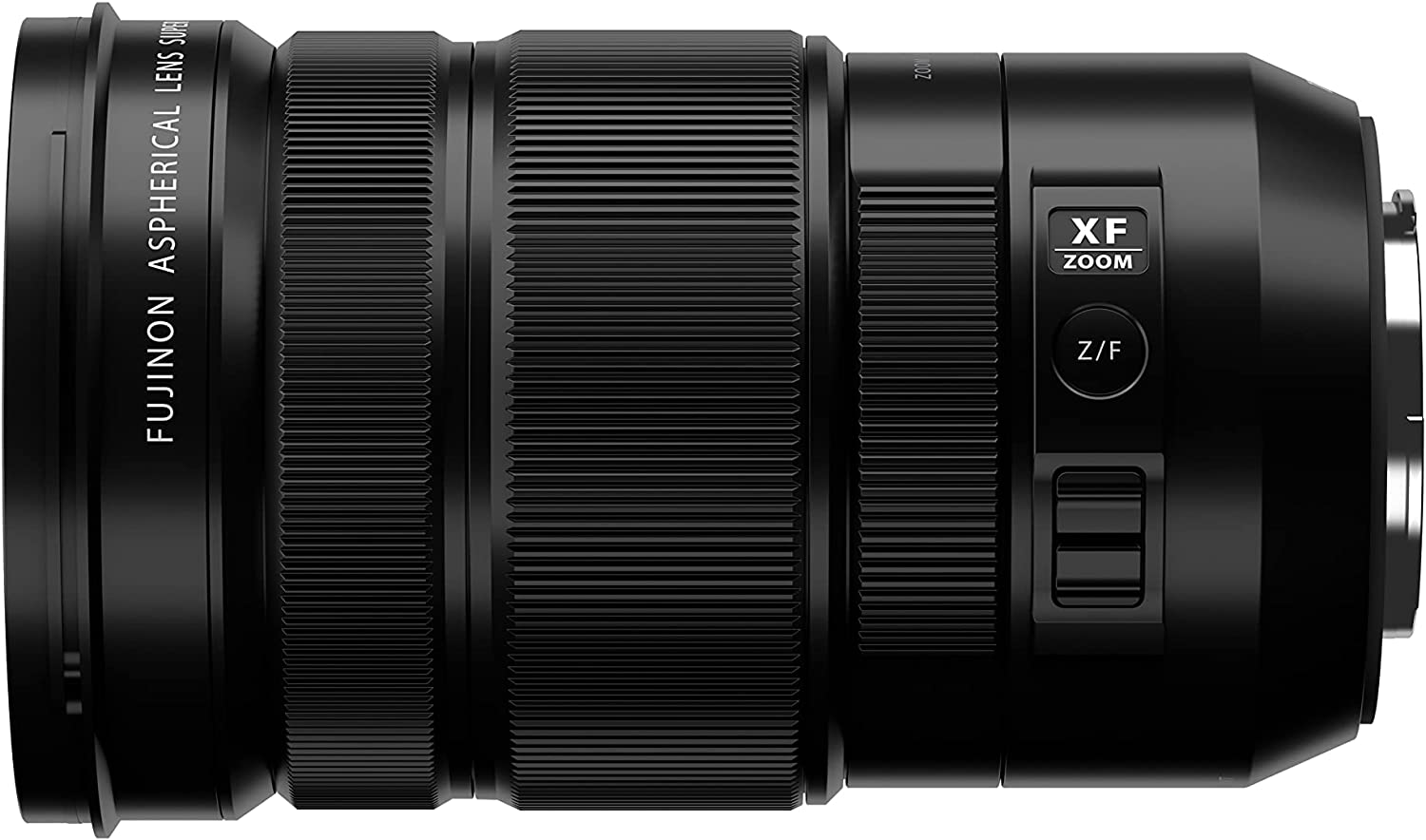 Schwarzes Kameraobjektiv. Fujifilm Aspherical Lens Super EBC XF Zoom.