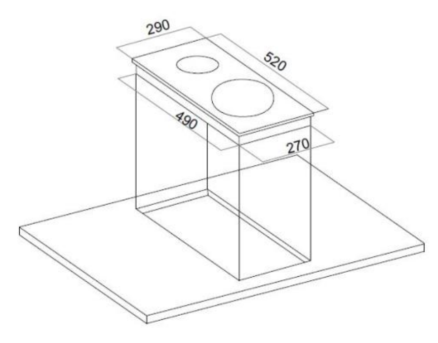 Egy diagram, amely egy indukciós főzőlap méreteit mutatja.