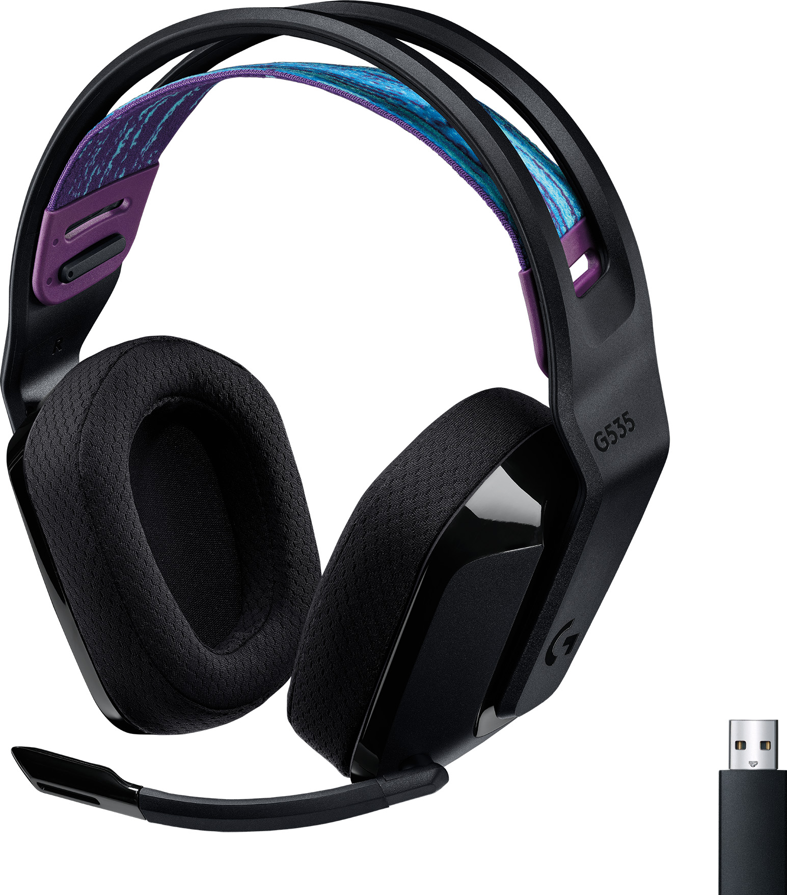 Casque gaming noir et violet avec un dongle USB. Le logo Logitech est visible.