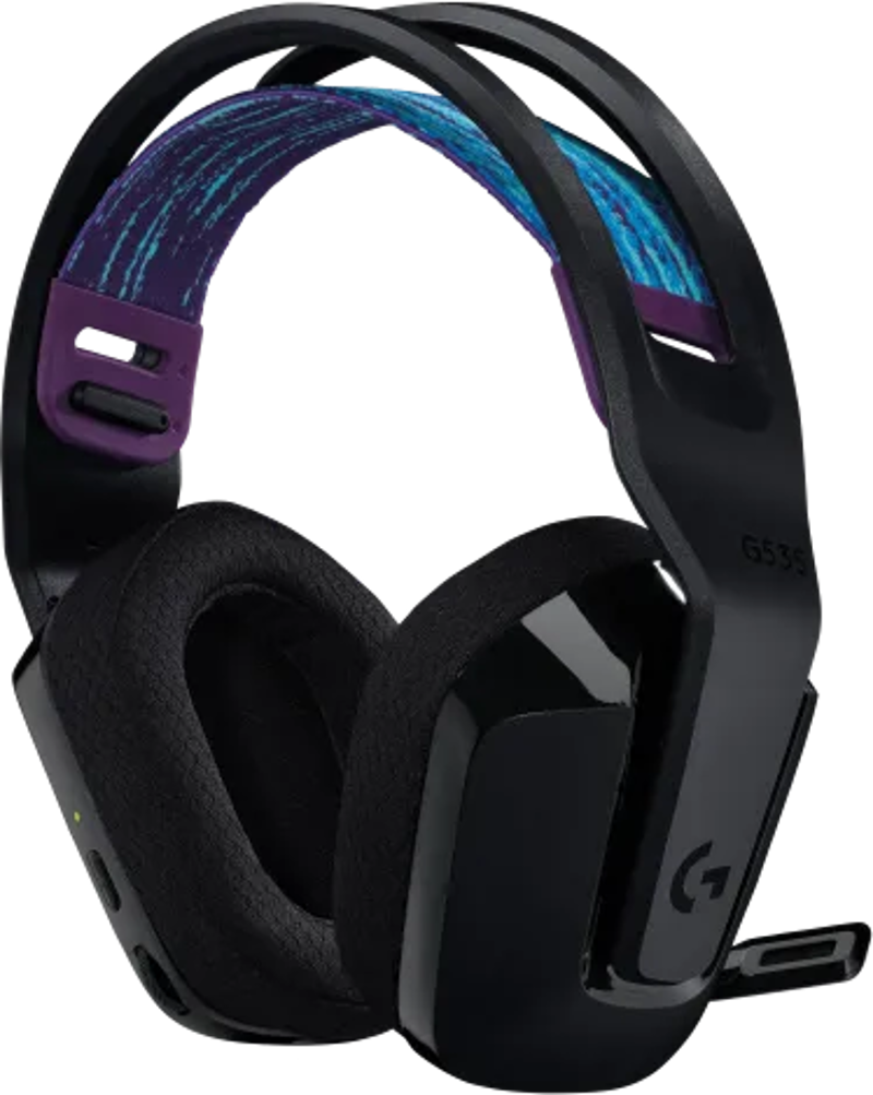 Casque de jeu noir avec des accents violets et bleus. Étiqueté avec un G blanc.