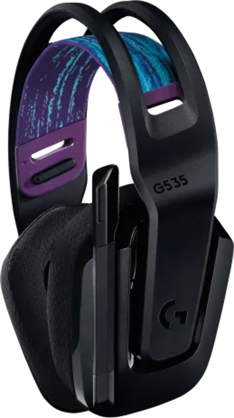 Casque de jeu noir et violet. Il possède un microphone et un logo sur le côté.