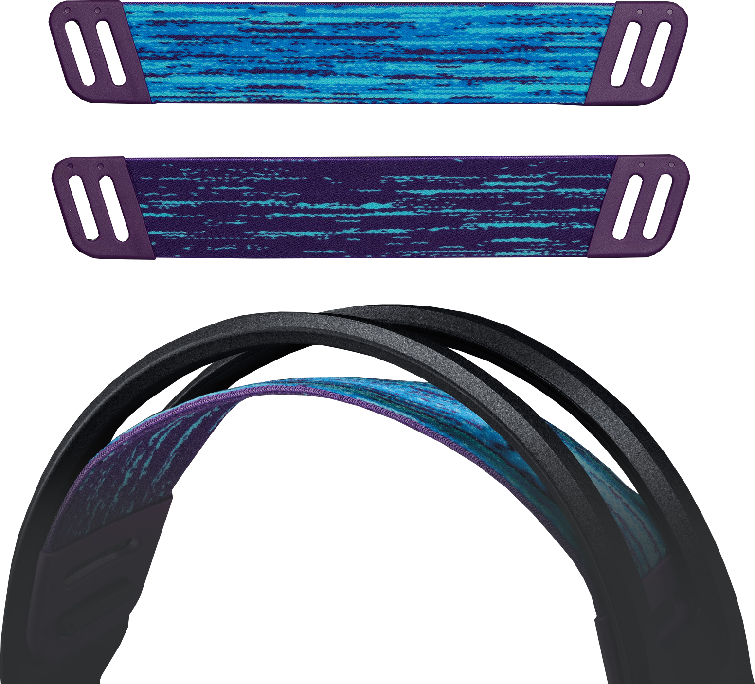 Casque avec tissu à motifs violets et bleus sur l'arceau. Cadre noir.