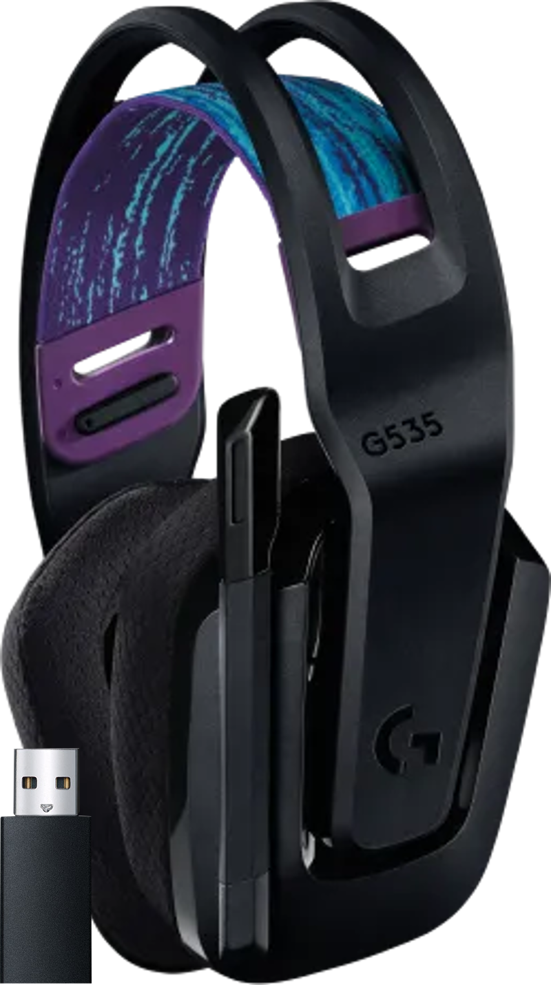 Casque noir avec étiquette G535 et récepteur USB. Le bandeau a un design violet et bleu.