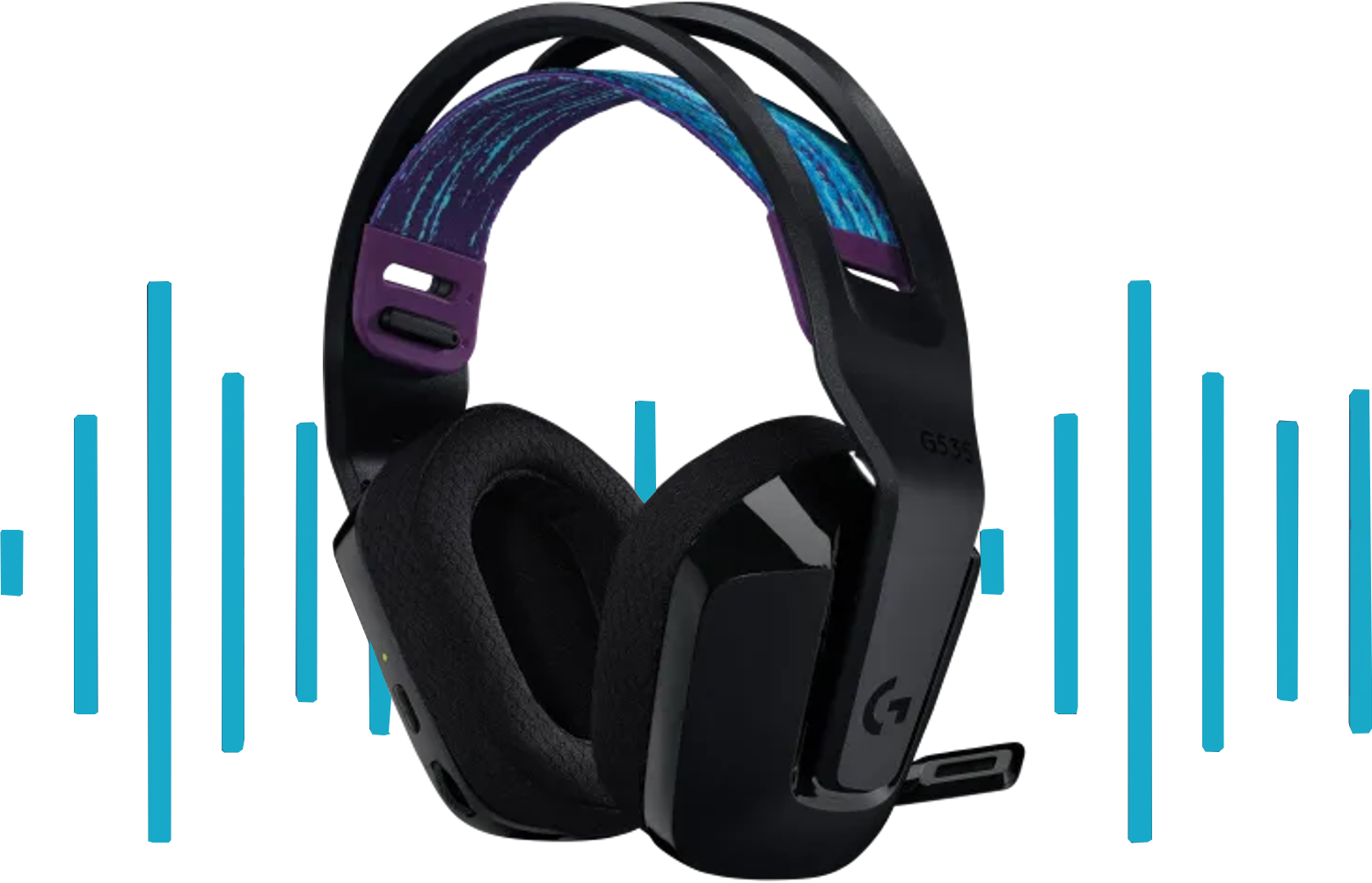 Casque gaming noir avec accents bleus et violets, micro, et ondes sonores.