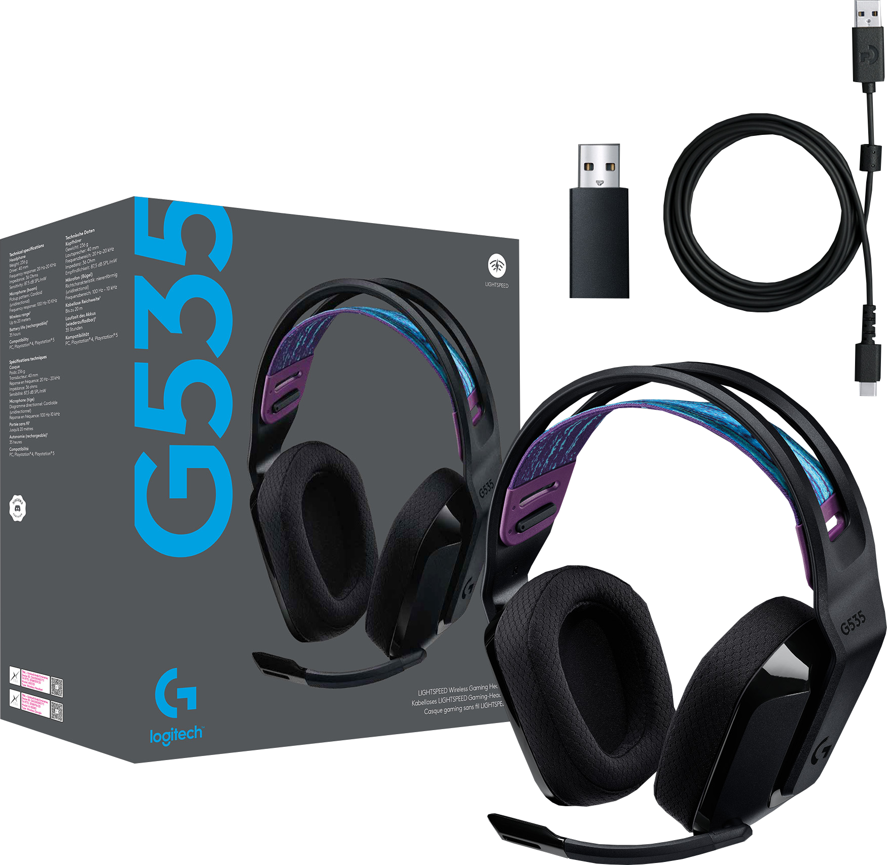 Casque gaming sans fil Logitech G535 avec boîte et accessoires.