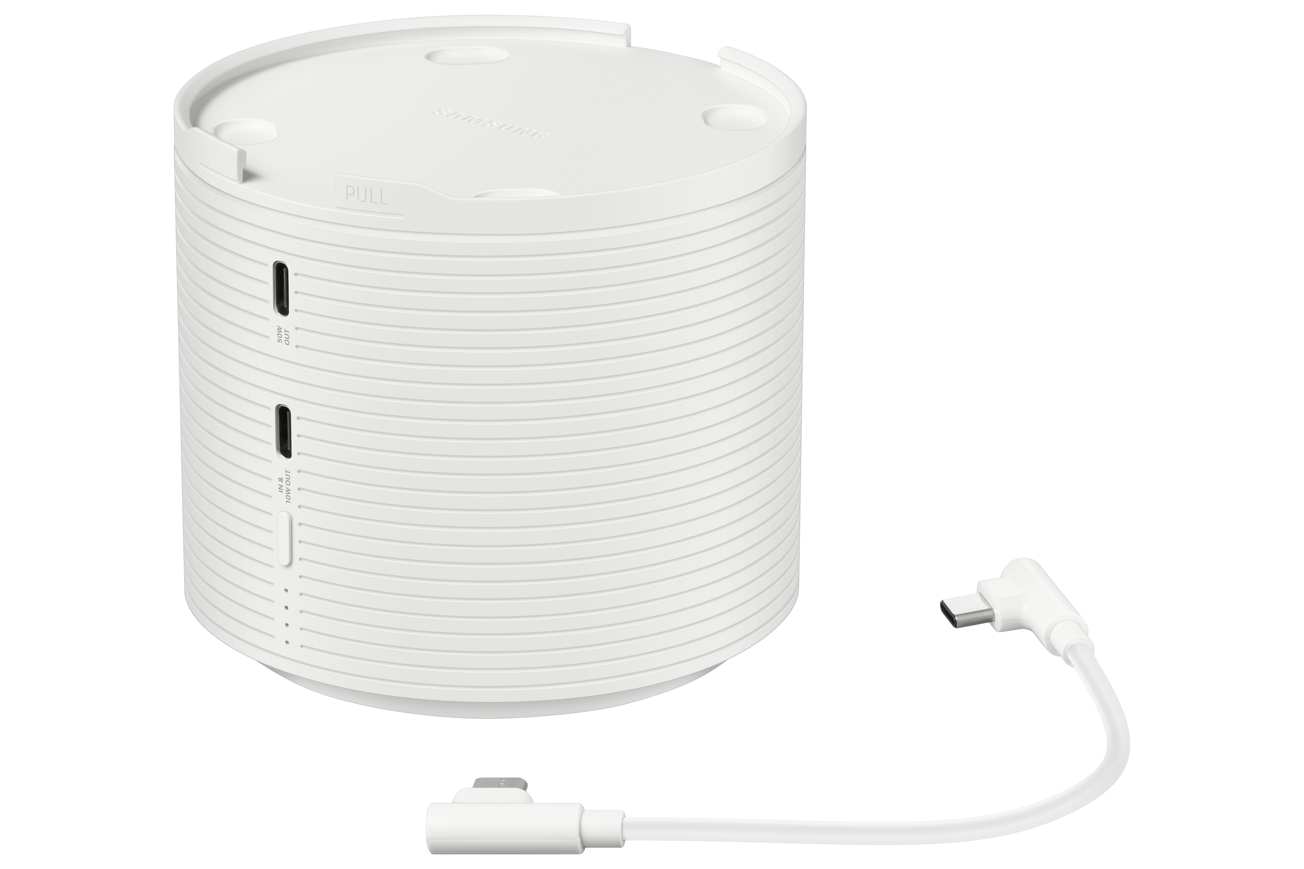 Un dispositivo cilíndrico blanco con puertos y un cable, junto a otro cable.