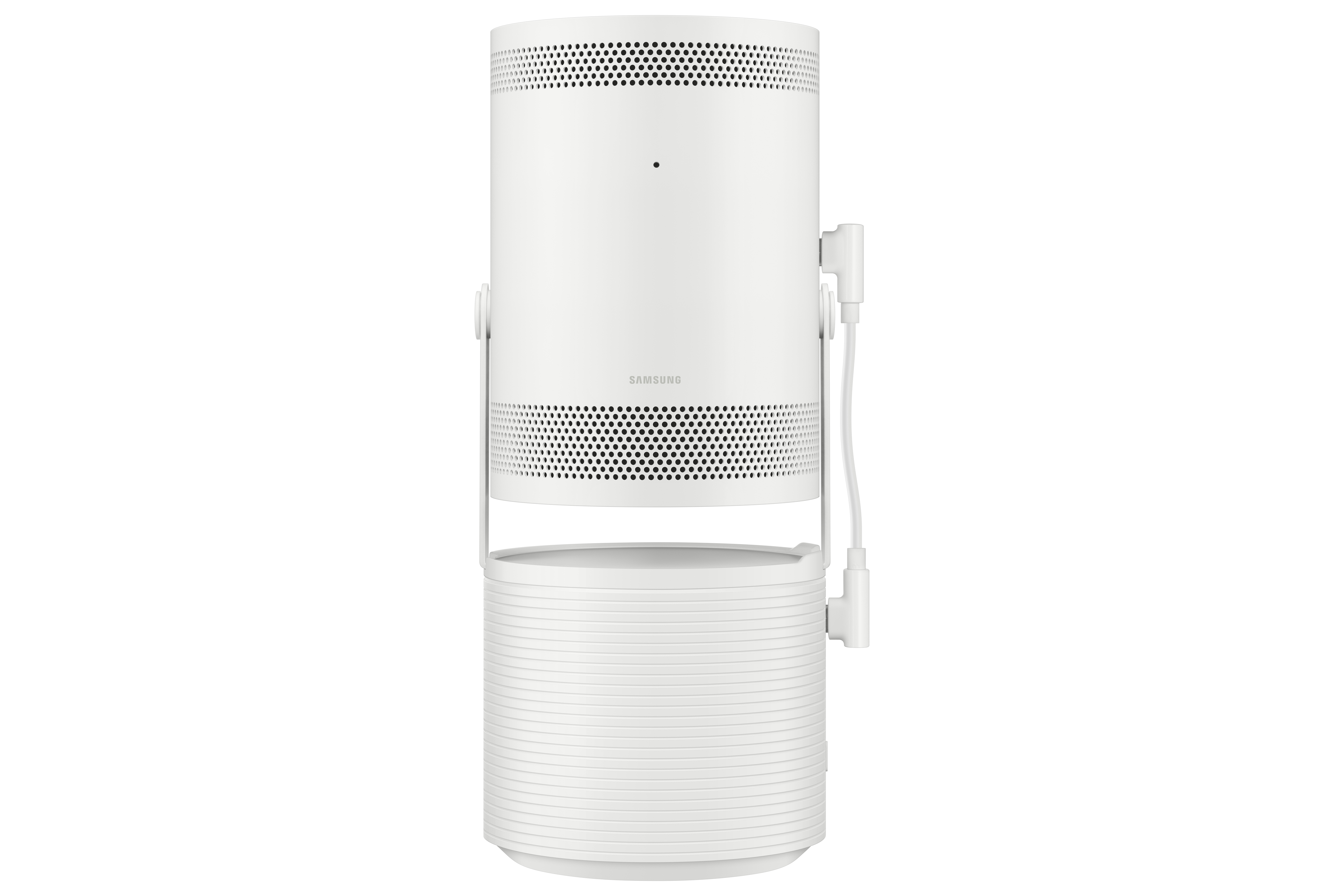Proyector Samsung blanco, forma cilíndrica. Tiene una sección superior con agujeros y una base. La base es segmentada.