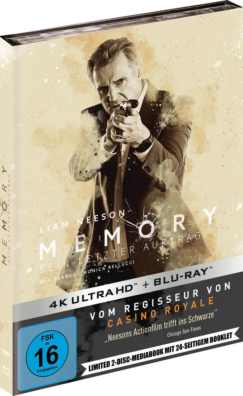 Filmcover von „Memory“. Liam Neeson zielt mit einer Waffe. Der Titel ist auf Deutsch.