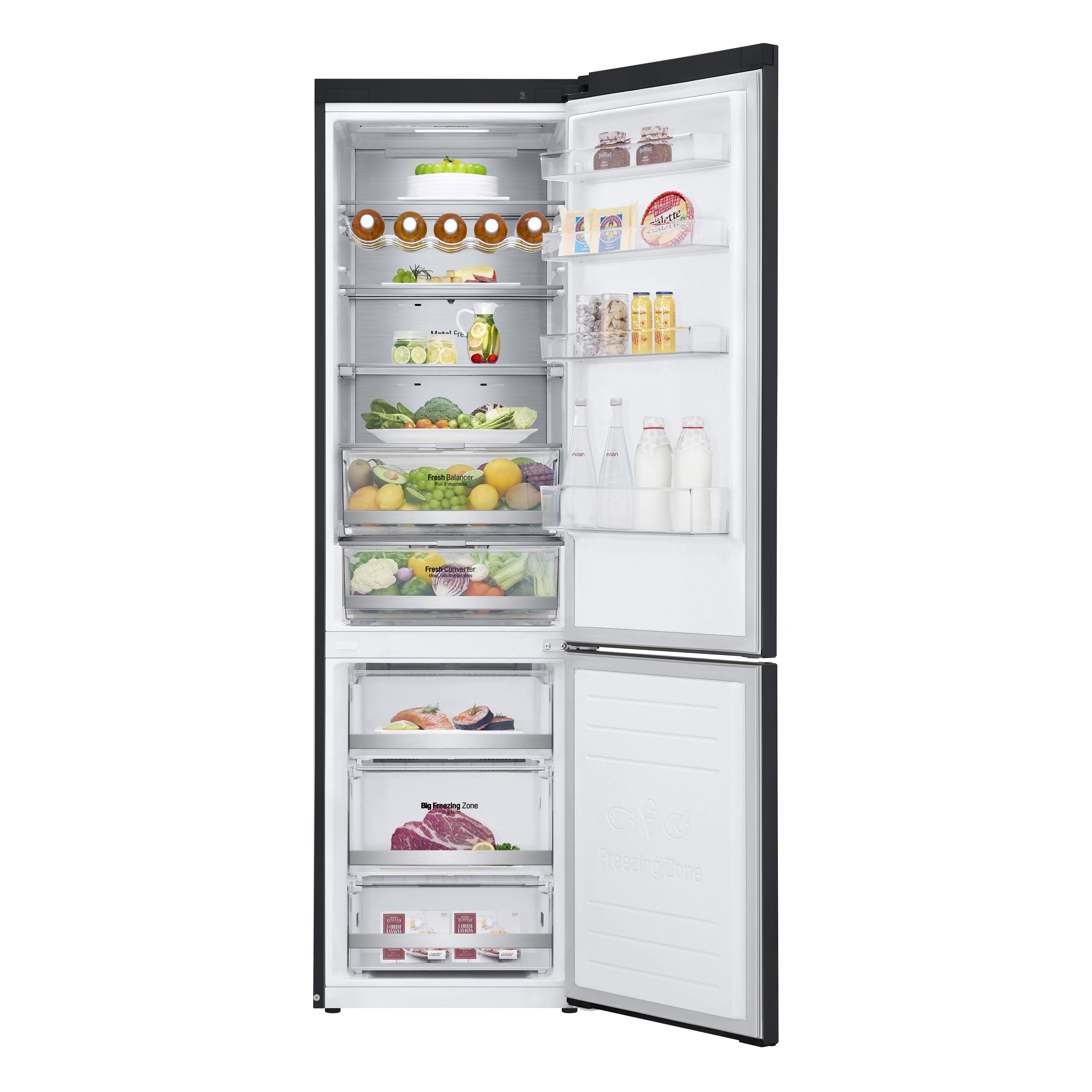 Offener schwarzer LG-Kühlschrank mit Lebensmitteln und Gefrierfach.