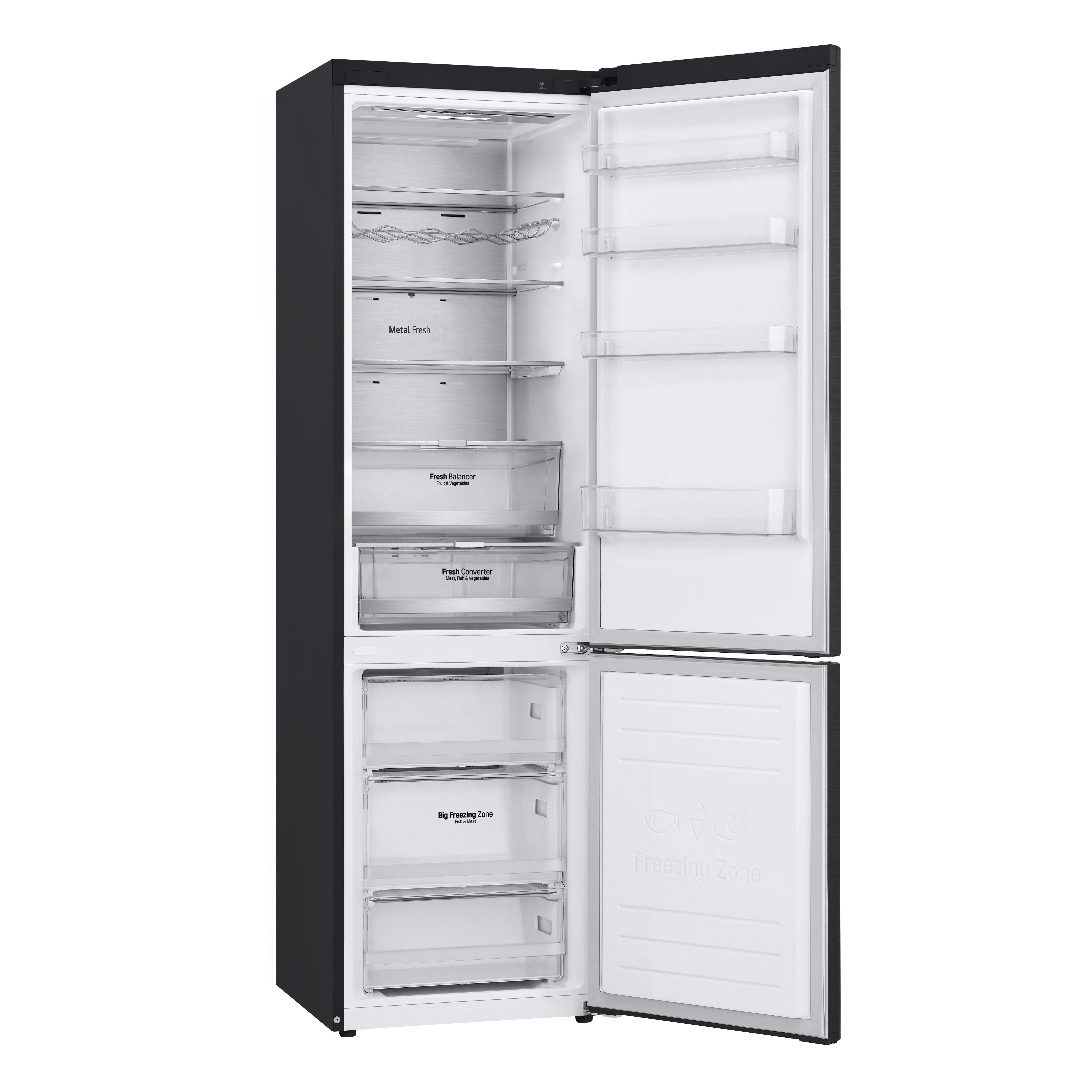 Schwarzer LG-Kühlschrank mit geöffneten Türen, zeigt Regale und Schubladen innen.