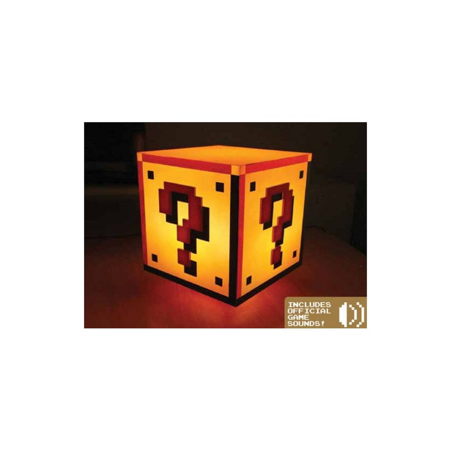 Juguete de bloque de signo de interrogación iluminado. La lámpara en forma de cubo tiene signos de interrogación rojos en lados amarillos.