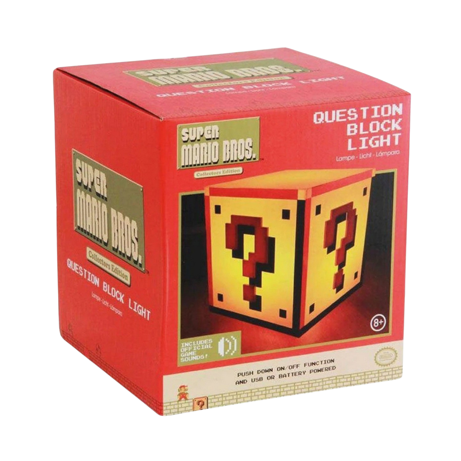 Caja roja de Super Mario Bros. con una luz de signo de interrogación. Dice 'Question Block Light' y 'Collectors Edition'.