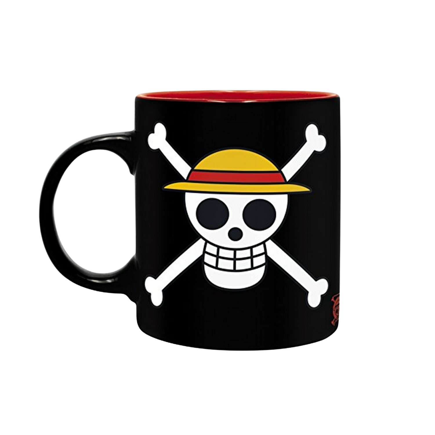 Taza negra con logo One Piece, calavera y tibias cruzadas blancas con sombrero amarillo, interior rojo.