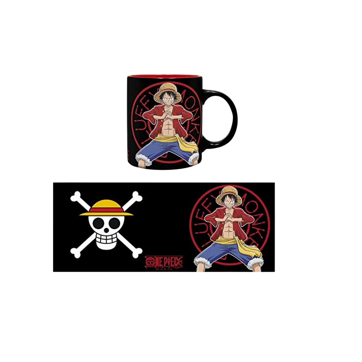 Taza de One Piece y una bandera. La taza muestra a Luffy en pose de lucha. La bandera tiene calavera y huesos.