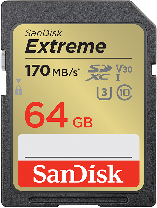 SanDisk Extreme 64GB SD-kaart. Goud, rood en zwart.