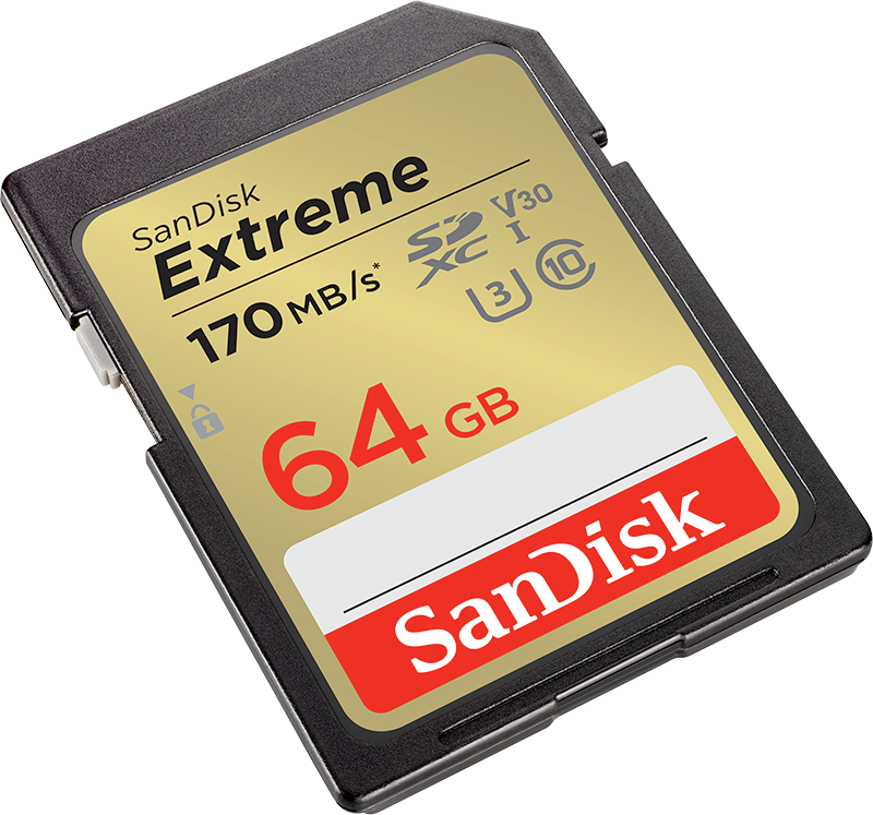 Een SanDisk Extreme 64GB SD-kaart wordt op een zwarte achtergrond getoond.