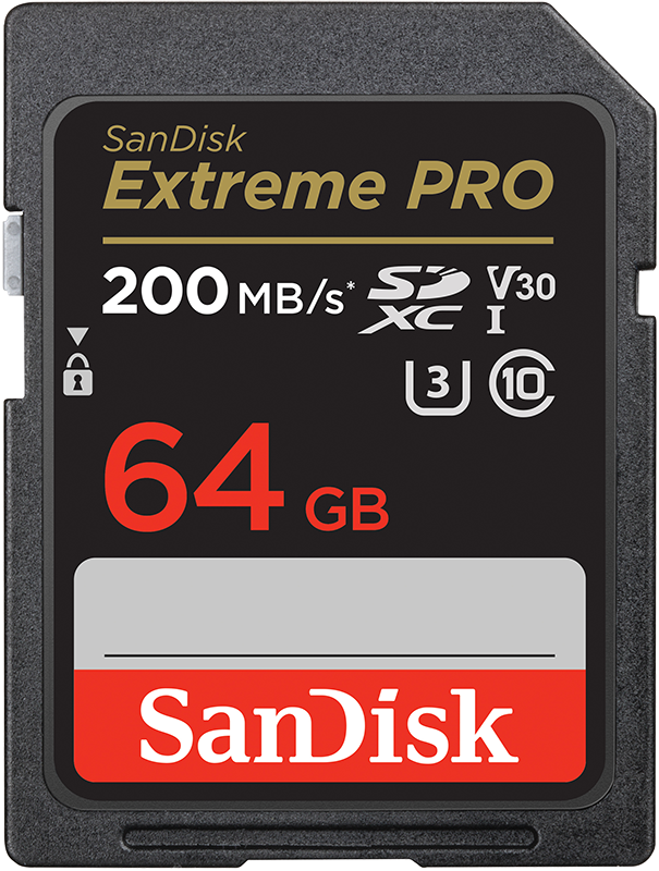 Sandisk Extreme Pro SD-Karte. Schwarz mit roten Details, zeigt eine Kapazität von 64 GB und andere technische Informationen.
