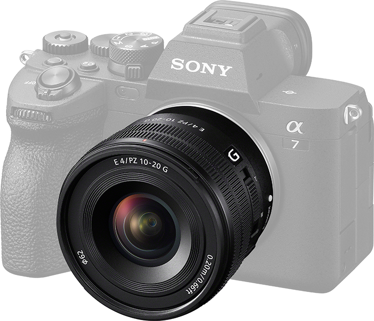 Ein Sony-Kameraobjektiv mit verschwommenem Kameragehäuse im Hintergrund.