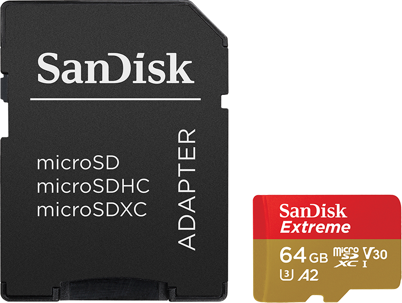 SD-Karten- und Adapter-Set. Schwarzer Adapter mit weißem Text und eine rot-goldene microSD-Karte.