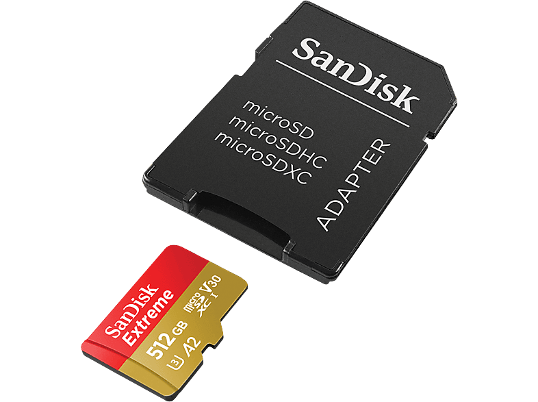 SANDISK 512GB Extreme microSDXC Karte + SD-Adapter + RescuePro Deluxe bis zu 190 MB/s mit App-Performance A2 UHS-I Class 10 U3 V30; Speicherkarte