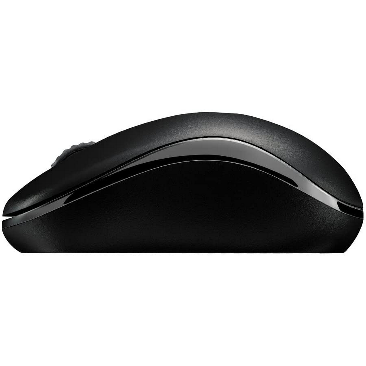 Ratón de ordenador inalámbrico negro, diseño elegante. Línea plateada acentúa la parte superior.