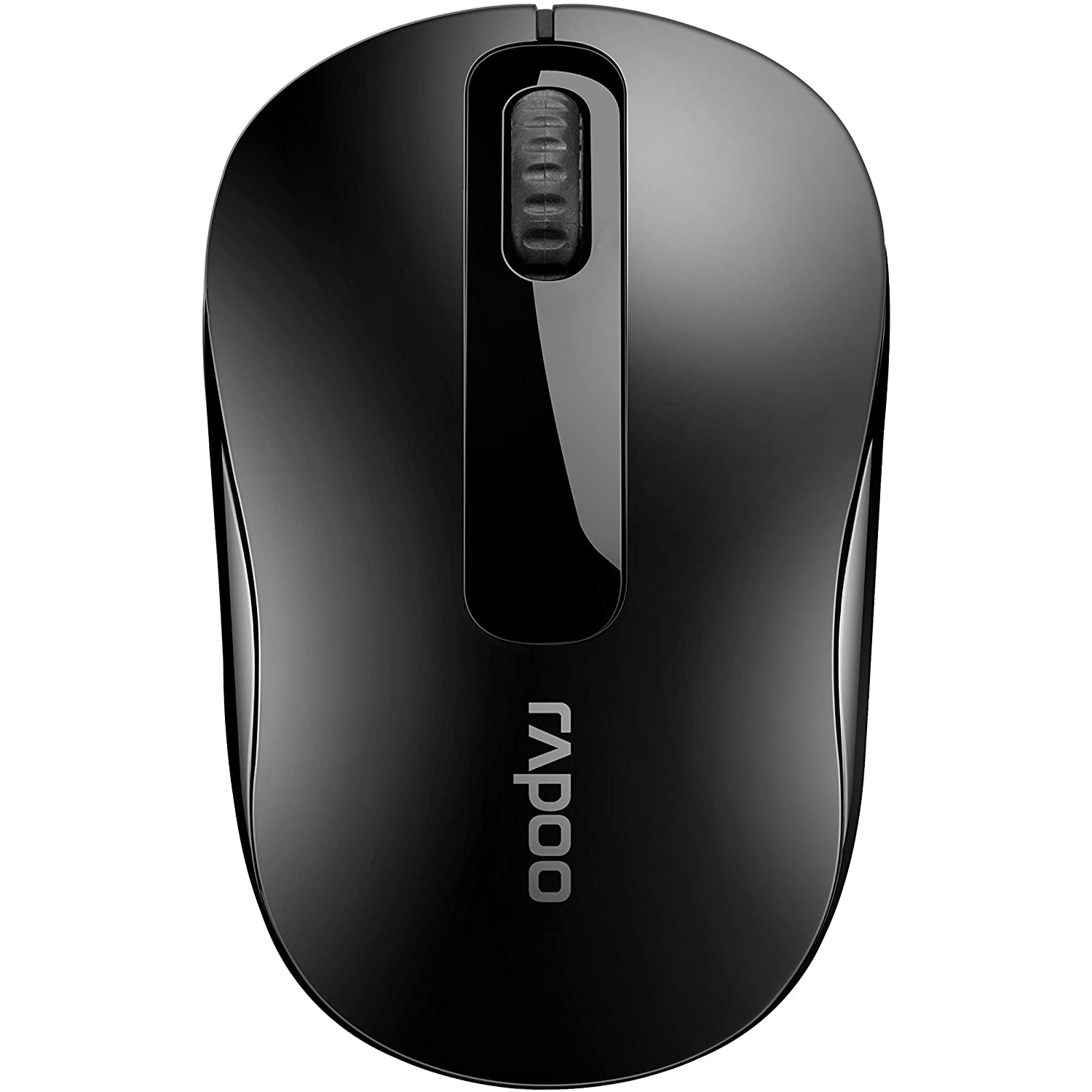 Ratón de ordenador negro con logotipo 'rapoo', parte superior brillante y rueda de desplazamiento.