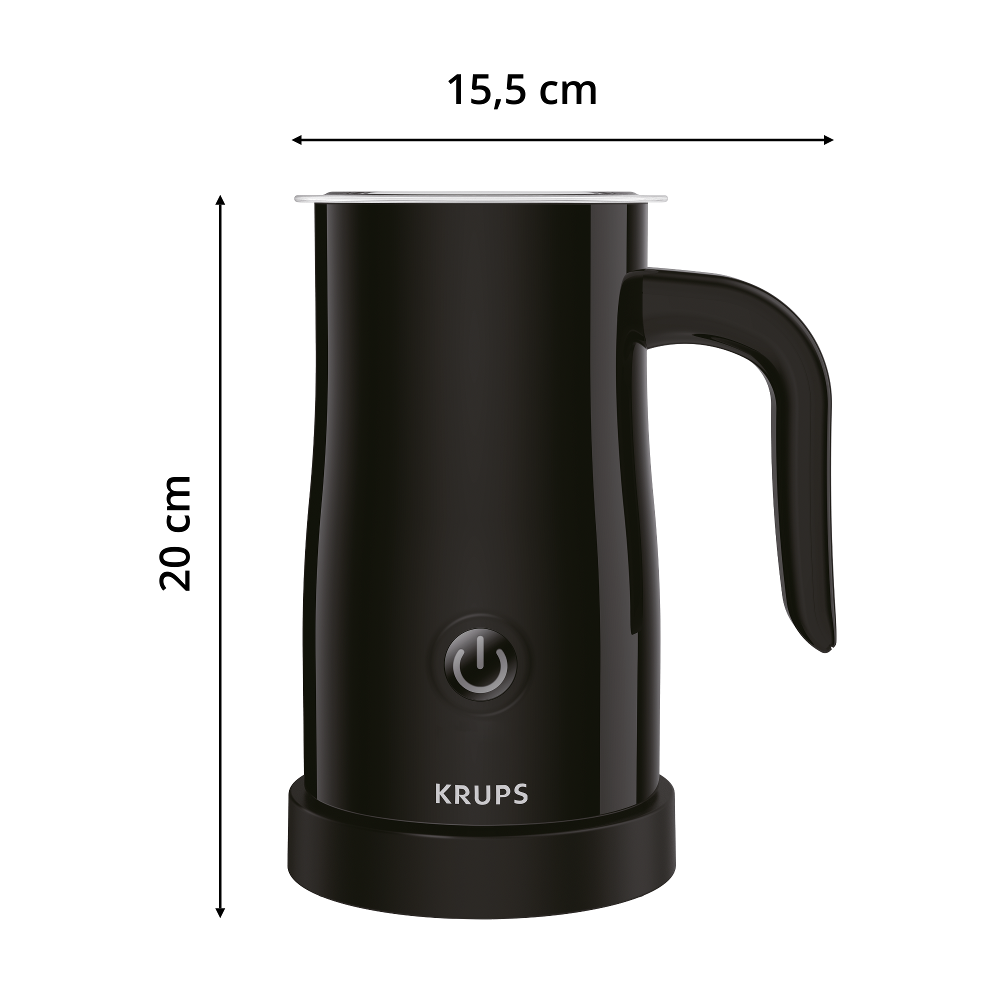 Espumador de leche KRUPS negro, con dimensiones: 20 cm alto y 15.5 cm ancho.