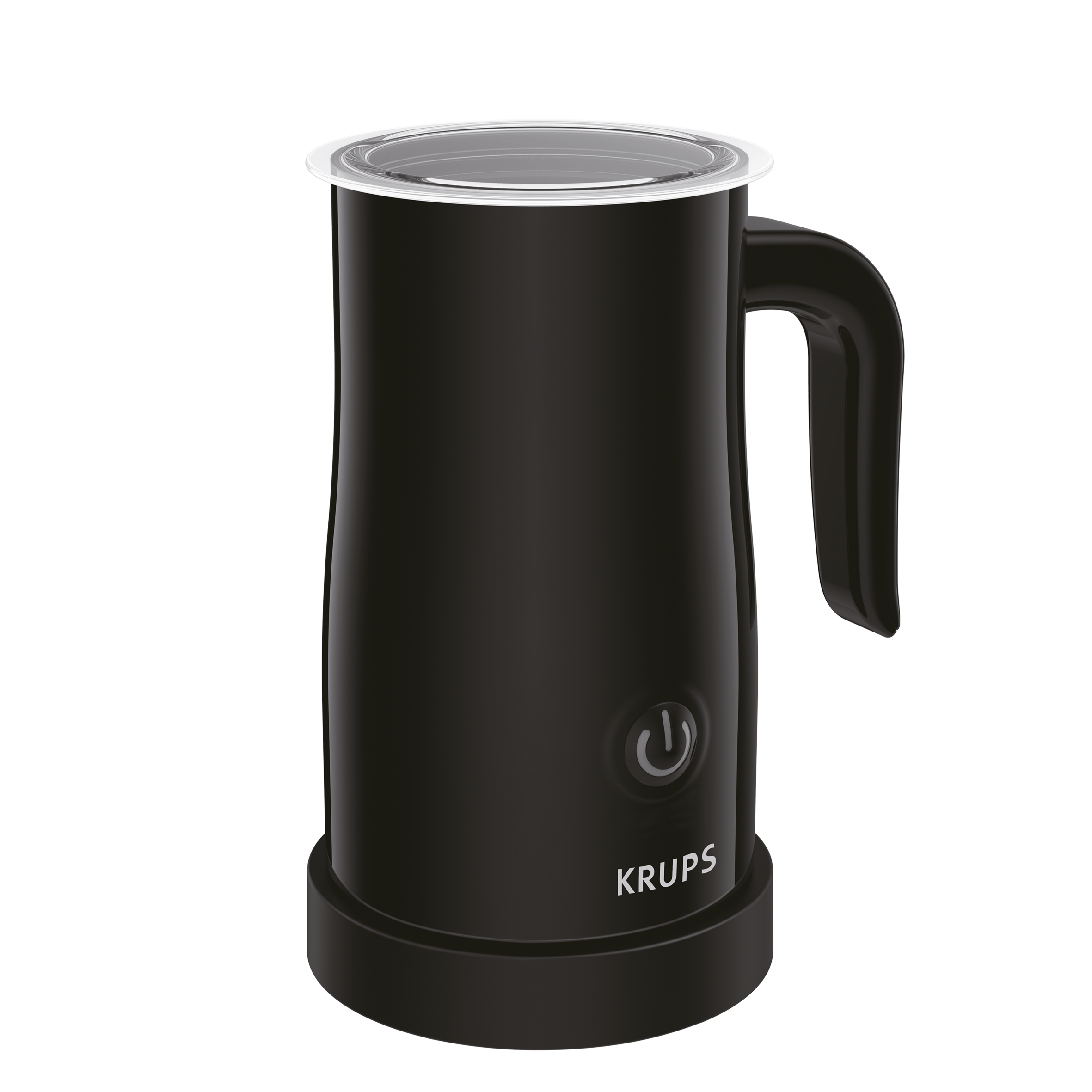Espumador de leche Krups negro sobre base negra, con botón de encendido y tapa transparente.