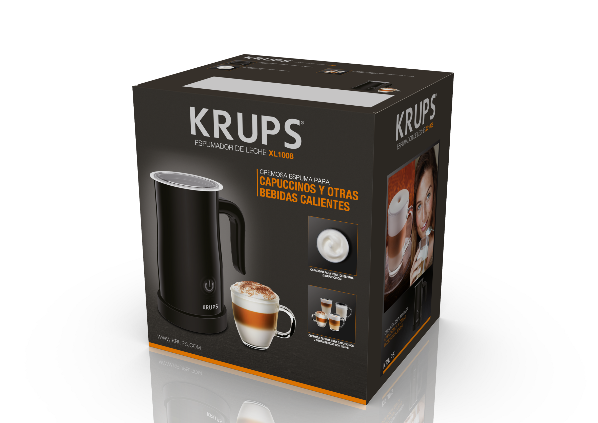 Una caja de espumador de leche Krups con una imagen del espumador y capuchino.