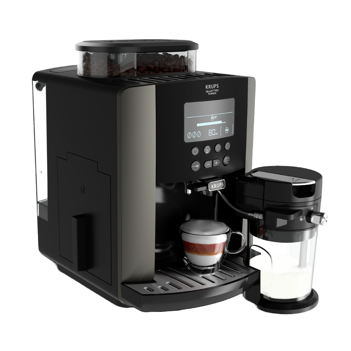 Cafetera superautomática - Krups EA819E Arabica Latte, 2 Tazas, 3 Temperaturas, Depósito Extraíble, Pantalla LCD, Negra