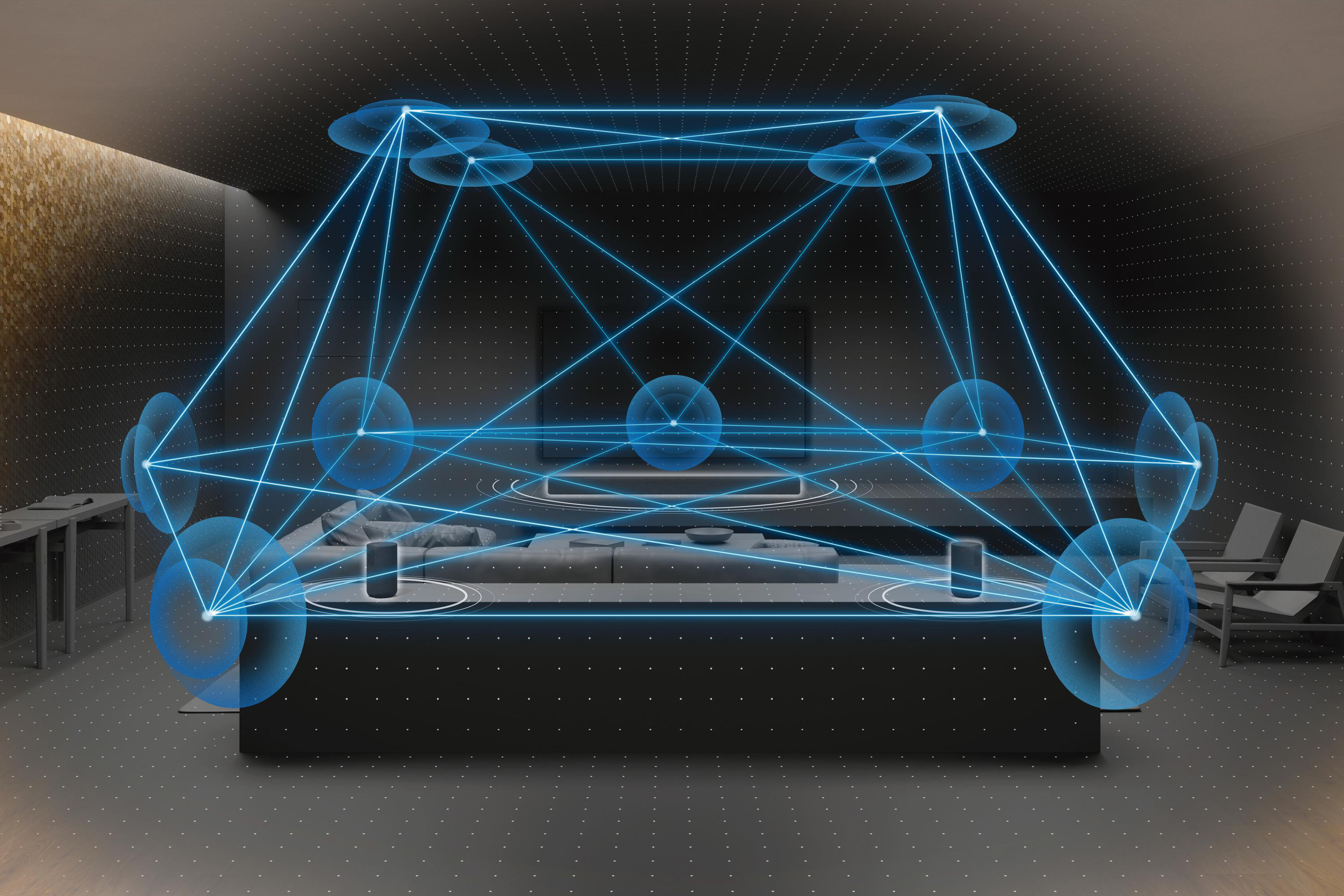 Wohnzimmer mit Diagramm eines Soundsystems, blaue Linien und Kugeln.