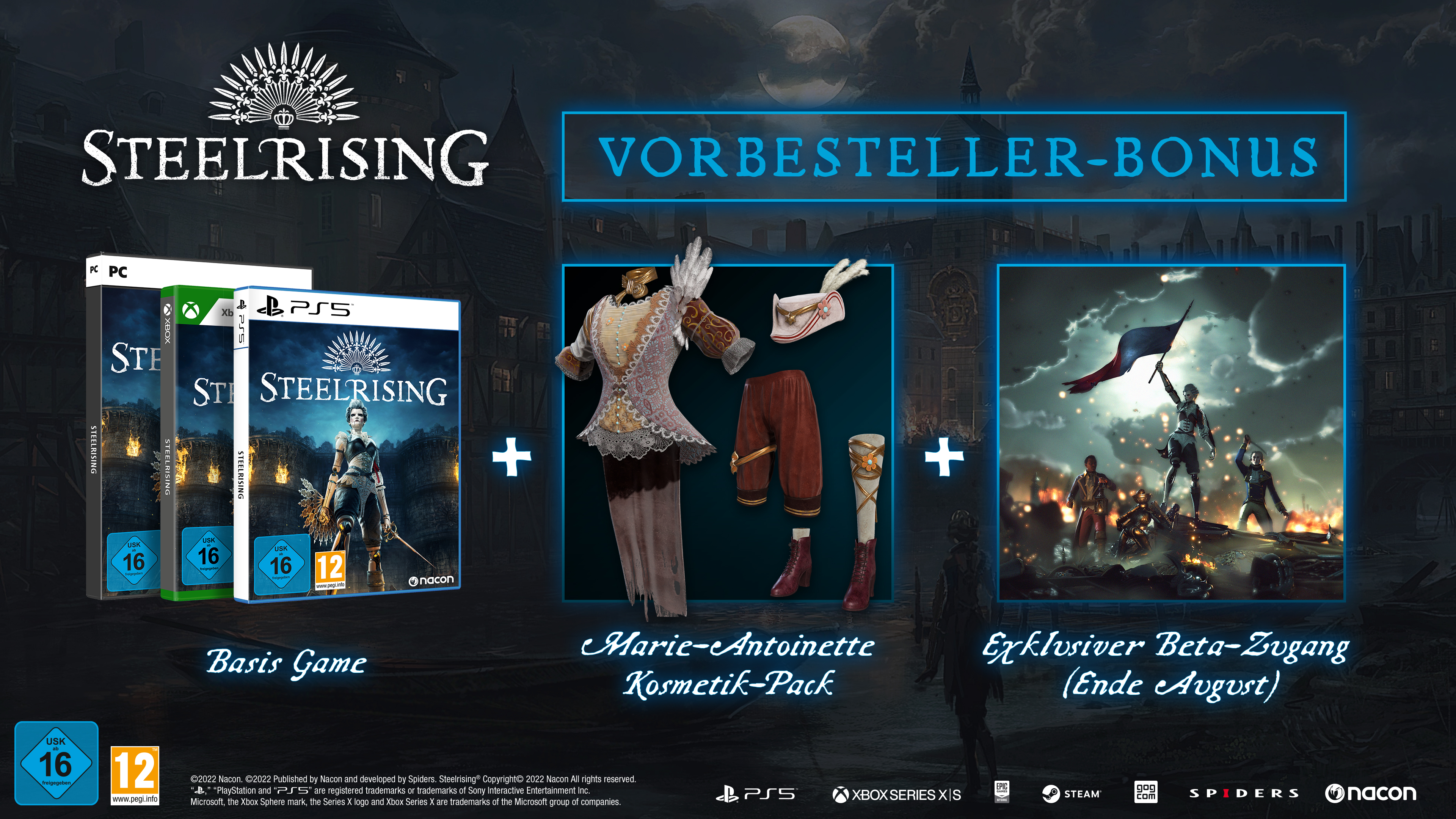 Spielbox-Art mit Steelrising-Titel und Bonusartikeln, darunter ein Outfit und Beta-Zugriffs-Grafik.