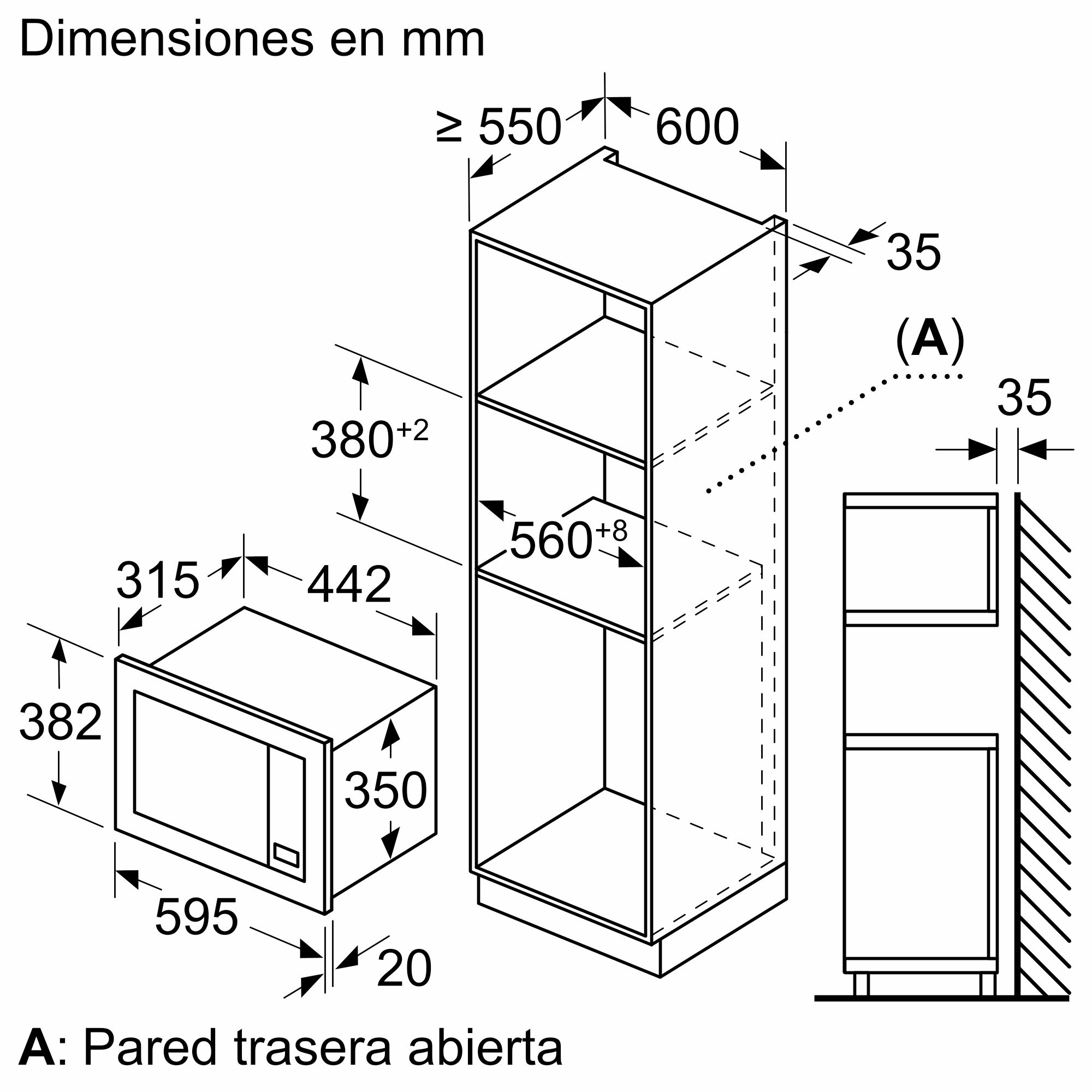 Diagrama de un mueble con dimensiones en mm. Incluye microondas y almacenamiento. También se muestra una pared.
