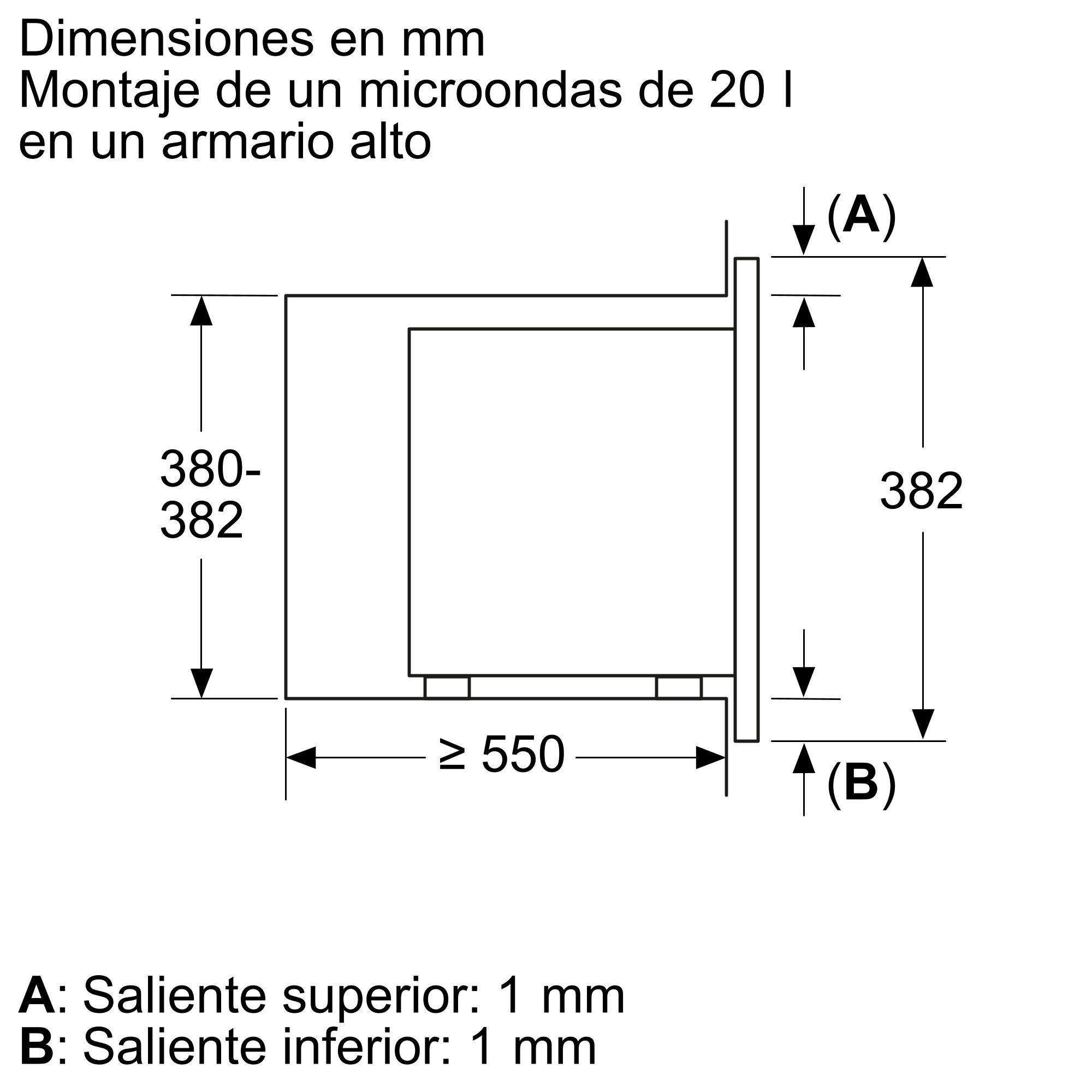 Dibujo técnico de un horno microondas. Dimensiones en milímetros visibles. Flechas y líneas.