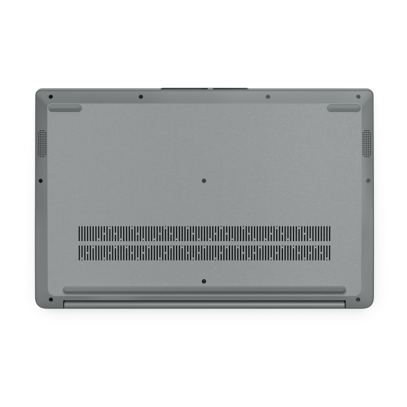 Parte inferior de la computadora portátil con superficie gris sobre fondo negro.