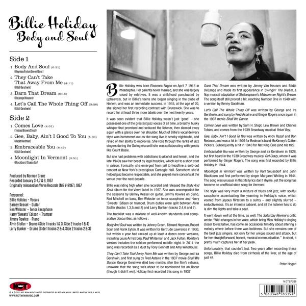 Billie Holiday 'Body and Soul' albumának borítója. Holiday szövege és fotója. Fekete-fehér.
