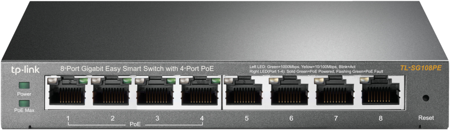 A gray 8-port Gigabit Easy Smart Switch with 4-Port PoE.