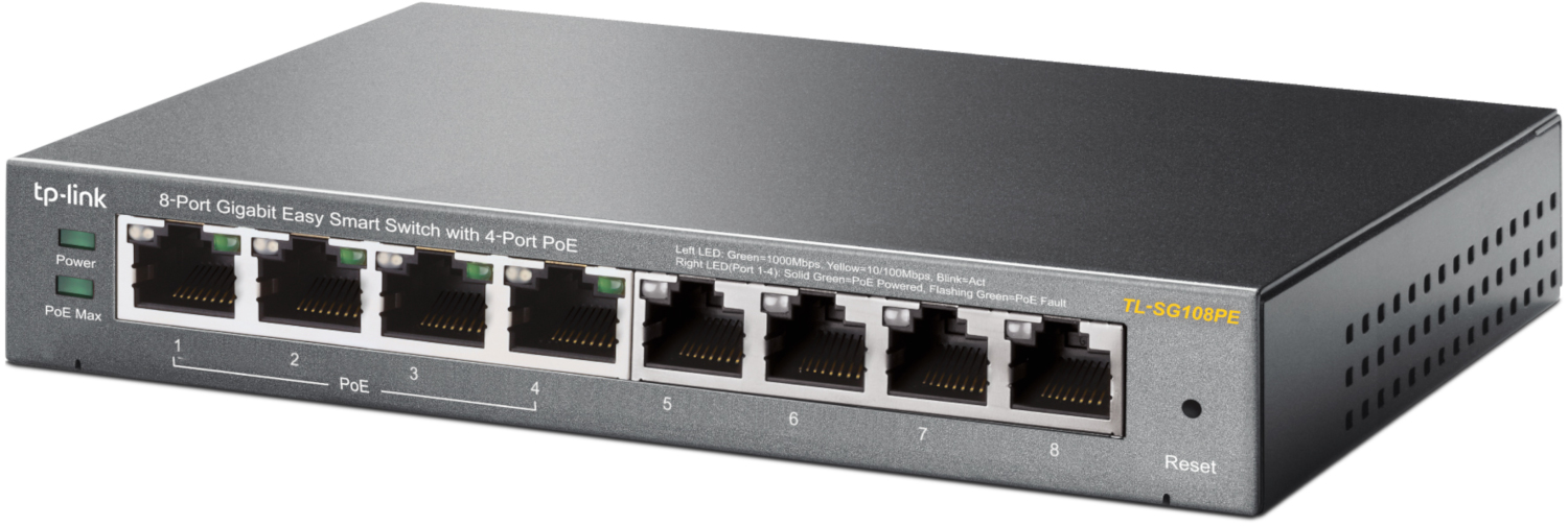 Black 8-port Gigabit Easy Smart Switch with PoE ports. Has Power and PoE Max lights.