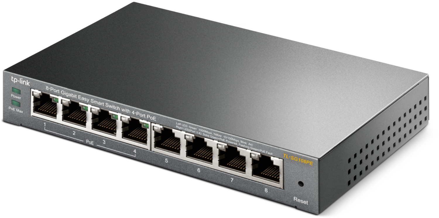 Black 8-port Gigabit Easy Smart Switch with PoE ports, has the tp-link logo.
