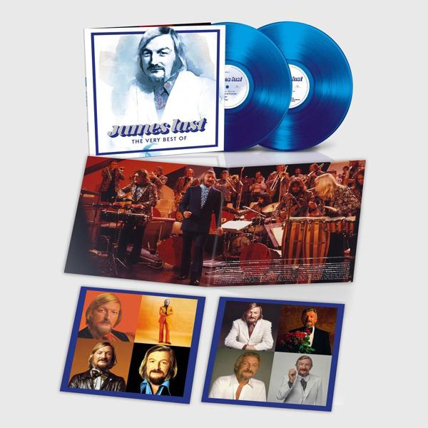 Albumcover mit James Last, blauen Vinylplatten und Bandmitgliedern.