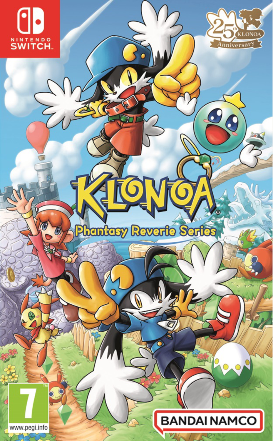 Klonoa Phantasy Reverie Series game cover art, kleurrijke personages in een landschap.
